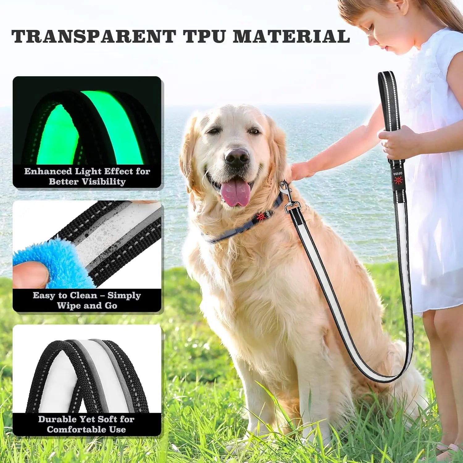 Pet LED Light-Up Leash 1.83M Rechargeable Dog Walking Lead, Nylon Material, Suitable for Dogs & Cats, Ca Prop 65 Compliant