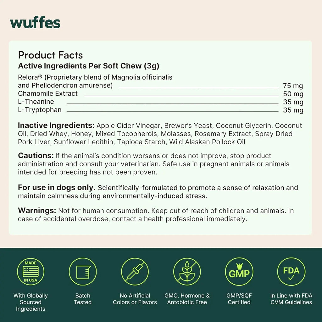 Wuffes Calming Chews for Dogs - Stress Support Supplement - Non-Drowsy Calming Relief for All Dogs - Made in USA - 60 Soft Chews