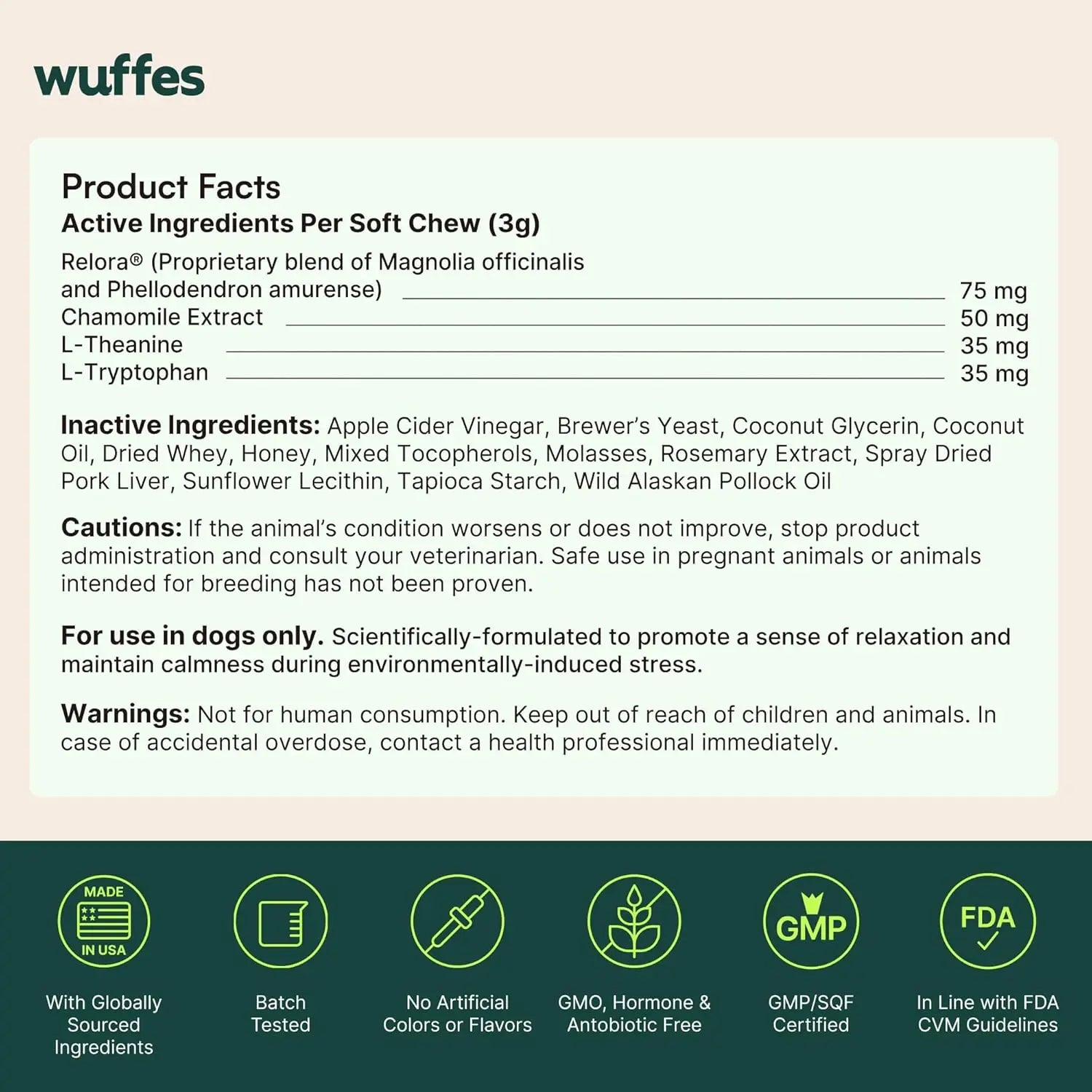 Wuffes Calming Chews for Dogs - Stress Support Supplement - Non-Drowsy Calming Relief for All Dogs - Made in USA - 60 Soft Chews
