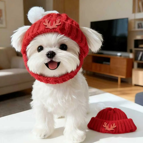 Red Knit Dog Beanie with Ear Flaps – Warm Soft Winter Hat for Small Dogs, Indoor/Outdoor, Machine Washable