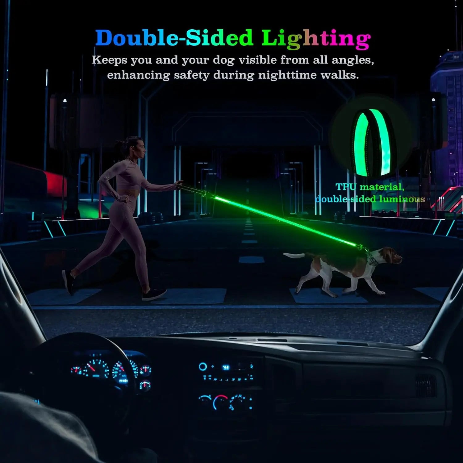 Pet LED Light-Up Leash 1.83M Rechargeable Dog Walking Lead, Nylon Material, Suitable for Dogs & Cats, Ca Prop 65 Compliant